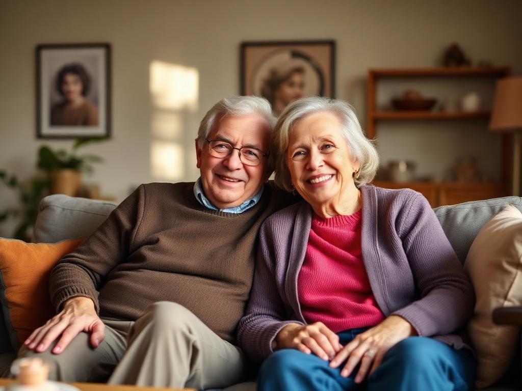 Happy British senior couple relaxing at home